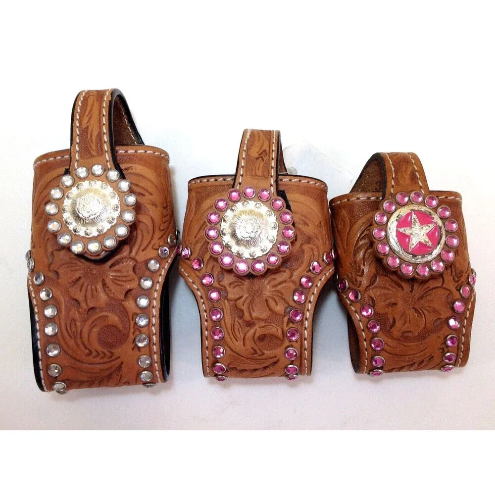 3 Vintage Cowboy Decor Leather & Rhinestones Western Flip Phone Case w/Belt Clip